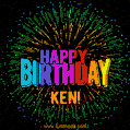 A colorful animated GIF featuring the text 'Happy Birthday Ken!' in rainbow colors with a dynamic iridescent firework display in the background.