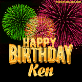 A captivating GIF with bursts of green, pink, and orange fireworks lighting up the night sky, accompanied by 'Happy Birthday Ken' in glowing golden text.