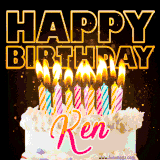 A vibrant animated GIF featuring a delicious birthday cake topped with glowing candles and the name 'Ken' in elegant script, and the words 'Happy Birthday' on the black background.
