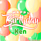 Animated GIF featuring colorful balloons in the background with the cheerful text 'Happy Birthday Ken'.