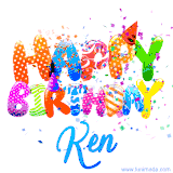 Animated GIF with colorful, festive 'Happy Birthday Ken' text decorated with patterns, a party hat, and falling confetti. A vibrant and cheerful design for birthday celebrations.