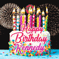 Amazing Animated GIF Image for Kennedy with Birthday Cake and Fireworks