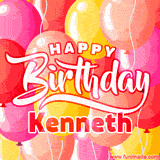 A vibrant birthday GIF featuring colorful balloons in shades of pink, yellow, and orange, with bold white and red text saying 'Happy Birthday Kenneth.'