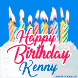 A cheerful animated GIF featuring colorful lit birthday candles on a white cake, with the text 'Happy Birthday Kenny' in bold red and blue script on a bright blue background.