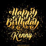 Animated GIF with colorful, festive 'Happy Birthday Kenny' text decorated with patterns, a party hat, and falling confetti. A vibrant and cheerful design for birthday celebrations.