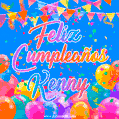 A vibrant animated GIF with 'Feliz Cumpleaños Kenny' written in colorful script, surrounded by balloons, confetti, and bunting on a bright blue background.