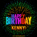 A colorful animated GIF featuring the text 'Happy Birthday Kenny!' in rainbow colors with a dynamic iridescent firework display in the background.