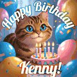A playful tabby cat sits behind a colorful birthday cake surrounded by balloons and confetti, with 'Happy Birthday Kenny!' written above in festive letters.