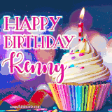 A festive animated GIF featuring a colorful cupcake with a single lit candle, sprinkles, and 'Happy Birthday Kenny' text against a sparkling, celebratory background.