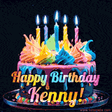 A vibrant animated GIF featuring a colorful rotating birthday cake with bright frosting swirls, glowing candles, and the text 'Happy Birthday Kenny!' in rainbow colors.