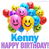 An animated birthday-themed name GIF with colorful smiling balloons and bold 'Kenny, Happy Birthday!' text for a celebratory touch.