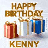 High-quality animated GIF wishing Happy Birthday to Kenny featuring a trio of elegant gift boxes with golden ribbons moving in a seamless loop