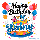 Colorful hearts and confetti scattered around a floral cake with detailed butterflies, custom-made for Kenny.