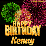 A captivating GIF with bursts of green, pink, and orange fireworks lighting up the night sky, accompanied by 'Happy Birthday Kenny' in glowing golden text.