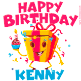 A funny animated birthday GIF with the words 'Happy Birthday Kennya', colorful gift box with arms and legs, holding a cupcake with a lit candle  with confetti everywhere.