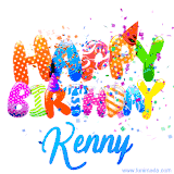 Animated GIF with colorful, festive 'Happy Birthday Kenny' text decorated with patterns, a party hat, and falling confetti. A vibrant and cheerful design for birthday celebrations.