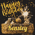 Celebrate Kensley's birthday with a GIF featuring chocolate cake, a lit sparkler, and golden stars