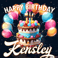 Hand-drawn happy birthday cake adorned with an arch of colorful balloons - name GIF for Kensley