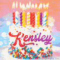 Personalized for Kensley elegant birthday cake adorned with rainbow sprinkles, colorful candles and glitter