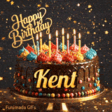 Shimmering birthday animation for Kent featuring a detailed chocolate drip cake and golden star particles.