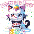 Cute cosmic cat with a birthday cake for Kenya surrounded by a shimmering array of rainbow stars