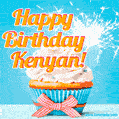 A cheerful animated GIF of a cupcake with creamy frosting, a red checkered ribbon, and a bright sparkler on top. The text 'Happy Birthday Kenyan!' is displayed in vibrant orange and red.