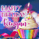A festive animated GIF featuring a colorful cupcake with a single lit candle, sprinkles, and 'Happy Birthday Kenyan' text against a sparkling, celebratory background.