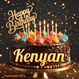 Shimmering animated card featuring a detailed chocolate cake and the name Kenyan for his birthday celebration.