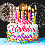 A lively happy birthday animated GIF showcasing a colorful birthday cake covered in sprinkles, topped with glowing candles, and surrounded by vibrant fireworks. The name 'Kenyan' is featured in elegant script.