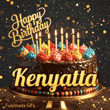 Golden star sprinkles and bokeh lights surrounding a rich chocolate cake personalized with Kenyatta's name.