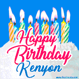 A cheerful animated GIF featuring colorful lit birthday candles on a white cake, with the text 'Happy Birthday Kenyon' in bold red and blue script on a bright blue background.