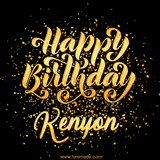 Animated GIF with colorful, festive 'Happy Birthday Kenyon' text decorated with patterns, a party hat, and falling confetti. A vibrant and cheerful design for birthday celebrations.