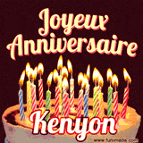 A Happy Birthday GIF in French featuring a festive birthday cake adorned with bright candles and the glowing text 'Joyeux Anniversaire Kenyon' in a cheerful style.