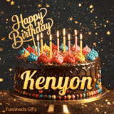 Cute chocolate cake GIF with the name Kenyon, decorated with glowing birthday candles and multicolored icing.