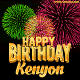 A captivating GIF with bursts of green, pink, and orange fireworks lighting up the night sky, accompanied by 'Happy Birthday Kenyon' in glowing golden text.