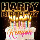 A vibrant animated GIF featuring a delicious birthday cake topped with glowing candles and the name 'Kenyon' in elegant script, and the words 'Happy Birthday' on the black background.