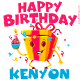 A funny animated birthday GIF with the words 'Happy Birthday Kenyona', colorful gift box with arms and legs, holding a cupcake with a lit candle  with confetti everywhere.