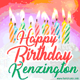 Bright birthday candles with rainbow flames on a cake, alongside the text 'Happy Birthday Kenzington' in vibrant script in this celebratory animated GIF.