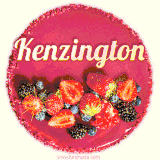Beautifully decorated red velvet berry birthday cake with vibrant fruits and a glowing 'Kenzington' name, adding a touch of sweetness and sparkle.