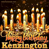 A glowing personalized birthday GIF with name Kenzington featuring lit candles with intricate designs, warm lighting, and the text 'Happy Birthday' in an elegant font.