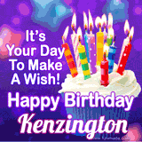 A colorful birthday GIF for Kenzington featuring a cupcake with vibrant lit candles and the text 'It's Your Day to Make a Wish! Happy Birthday Kenzington' in bold letters on a festive purple background.