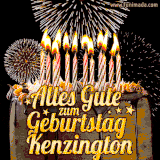 A chocolate birthday cake with glowing candles, the German text 'Alles Gute zum Geburtstag Kenzington,' and vibrant fireworks lighting up the background in an animated GIF.