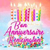 A white birthday cake covered in colorful sprinkles, topped with bright candles, and French text 'Bon Anniversaire Kenzington' on a pastel gradient background in an animated GIF.