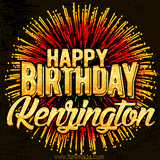 Golden 'Happy Birthday Kenzington' text accompanied by animated rainbow fireworks for a festive animated greeting.