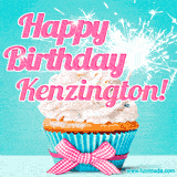 A festive cupcake with pink icing, a gingham bow, and a lit animated sparkler, paired with 'Happy Birthday Kenzington!' in bright pink text.