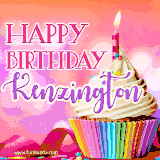 A vibrant birthday GIF featuring a rainbow-colored cupcake topped with white frosting, sprinkles, and a lit candle. The text reads 'Happy Birthday Kenzington' in bold pink and violet letters with white outline.