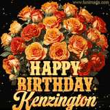 Animated bouquet of orange roses with moving butterfles and golden 'Happy Birthday Kenzington' text, surrounded by sparkling accents and a dark backdrop for a luxurious feel.
