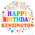 Happy Birthday Kenzington' GIF with rainbow-colored letters, colorful stars, and fireworks on white background.