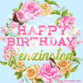 A charming animated GIF featuring 'Happy Birthday Kenzington' in pink and green text, surrounded by delicate roses, leaves, and fluttering butterflies on a soft light blue pastel background.