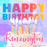A vibrant animated name GIF with the words 'Happy Birthday Kenzington' with colorful candles on a creamy cake. The background sparkles with pastel shades, adding a festive touch.